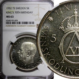 SWEDEN Silver 1952 ST 5 Kronor NGC MS63 70th Birthday Gustaf VI KM# 828 (09)