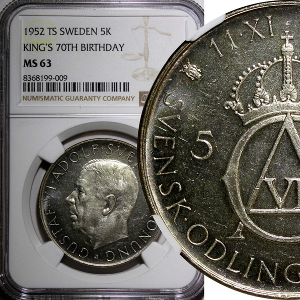 SWEDEN Silver 1952 ST 5 Kronor NGC MS63 70th Birthday Gustaf VI KM# 828 (09)