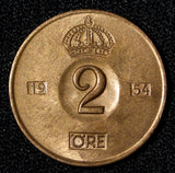 Sweden Gustaf VI Adolf Bronze 1954 TS 2 Ore UNC  KM# 821 (30 265)