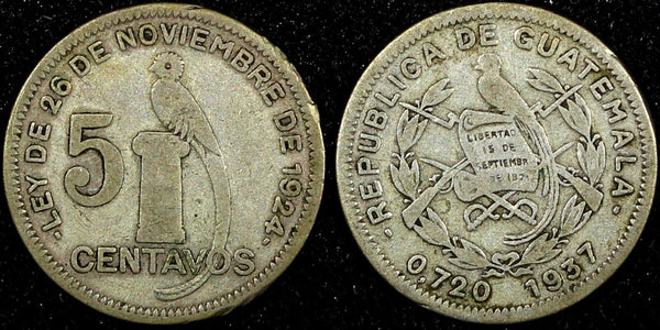 Guatemala Silver 1937 5 Centavos  Royal British Mint KM# 238.2  (24 454)