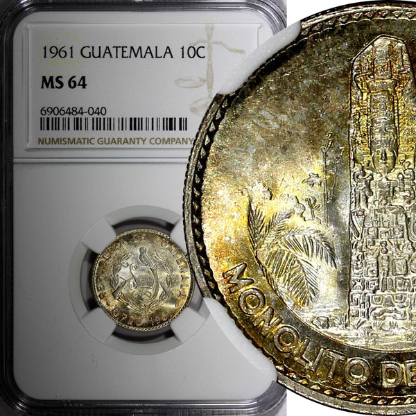 GUATEMALA Silver 1961 10 Centavos NGC MS64 Nice Gold Toning KM# 262 (40)