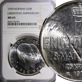 Norway Olav V Silver 1970 25 Kroner NGC MS65 Anniversary of Liberation KM#414(1)
