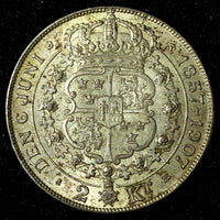 SWEDEN Oscar II Silver 1907 EB 2 Kronor Golden Wedding Anniv. KM#776 (145)