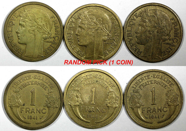 FRANCE 1941 1 Franc WWII Issue  XF Gad# 470 KM# 885 RANDOM PICK (1 Coin) (942)