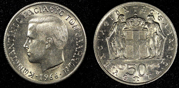 GREECE Constantine II Copper-Nickel 1966 50 Lepta UNC KM# 88 (24 043)