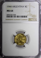 ARGENTINA Aluminum-Bronze 1944 5 Centavos NGC MS64 GEM BU COIN  KM# 40 (030)