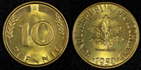 Germany - Federal Republic 1950 G 10 Pfennig BU Karlsruhe Mint KM# 108  (26 781)
