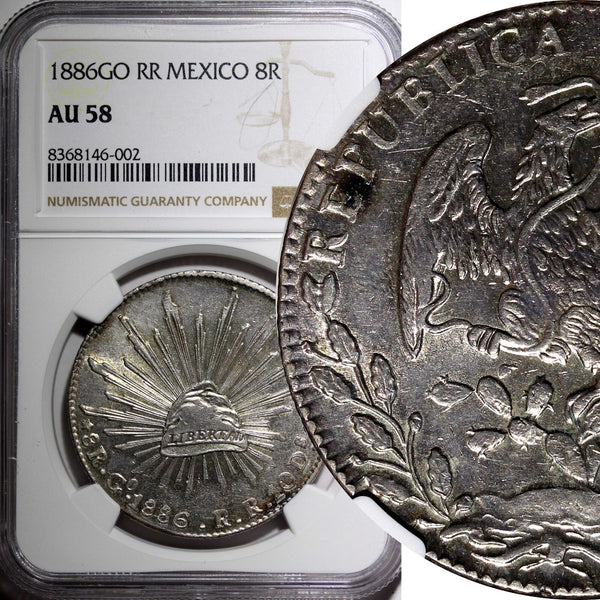 MEXICO Silver 1886 GO RR 8 Reales Guanajuato Mint NGC AU58  KM# 377.8 (002)