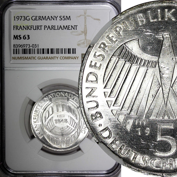 GERMANY Silver 1973 G 5 Mark Frankfurt National Assembly NGC MS63 KM#137 (031)