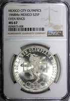 MEXICO Silver 1968 Mo  25 Pesos NGC MS67 Olympic Games Even Rings KM# 479.1 (8)