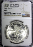 MEXICO Silver 1968 Mo  25 Pesos NGC MS67 Olympic Games Even Rings KM# 479.1 (8)