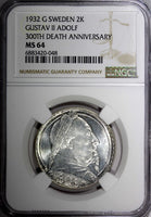 SWEDEN Silver 1932 G 2 Kronor NGC MS64 Death of Gustaf II Adolf BU KM# 805 (048)