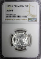 Germany-Third Reich Silver 1939 A 2 Reichs Mark NGC MS63 Hindenburg KM# 93 (022)