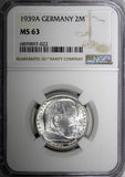 Germany-Third Reich Silver 1939 A 2 Reichs Mark NGC MS63 Hindenburg KM# 93 (022)