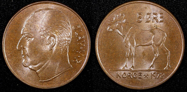 NORWAY Olav V Bronze 1972 5 Ore 27 mm UNC  KM# 405 (24 742)