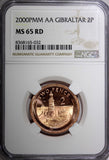 Gibraltar Elizabeth II 2000 2 Pence BU NGC MS65 RD FULL RED KM# 774 (032)