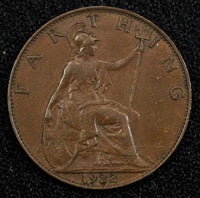 GREAT BRITAIN George V Bronze 1922 Farthing KM# 808.2 (26 609)