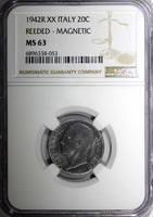 Italy 1942 R XX 20 Centesimi NGC MS63 MAGNETIC REEDED EDGE KM# 75b (053)