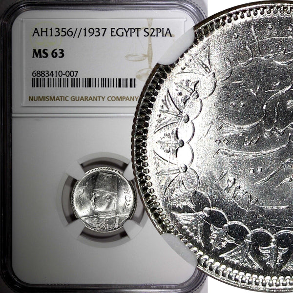 EGYPT Farouk Silver AH1356 1937 2 Piastres NGC MS63 Mintage-500,000 KM#365 (07)