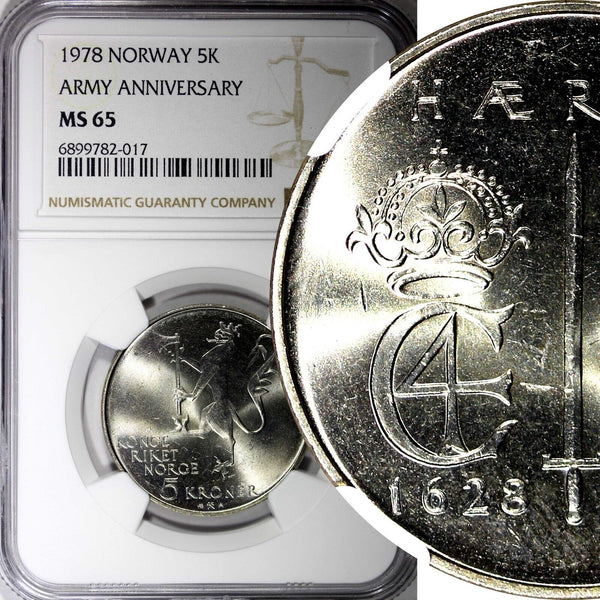 NORWAY Olav V 1978 5 Kroner Norwegian Army NGC MS65 TOP GRADED KM# 423 (7)