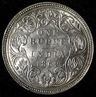 India-British Victoria Silver 1862 (B) Rupee Better Date aUNC KM# 473.1 (28 303)