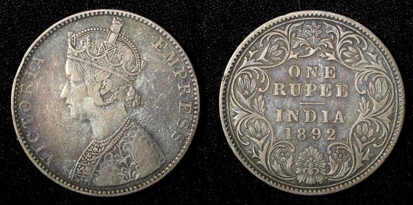 India-British Victoria Silver 1892 B incuse Rupee VF .Nice Toned KM# 492 (561)