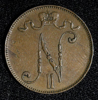 Finland Nicholas II Copper 1905 5 Penniä Mintage-620,000 BETTER DATE KM# 15  (1)