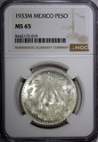 Mexico ESTADOS UNIDOS MEXICANOS Silver 1933 M Peso NGC MS65 GEM BU KM# 455 (019)
