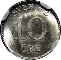Sweden Gustaf V Silver 1919 W 10 Ore NGC MS65 Light Toned GEM BU KM# 780 (008)