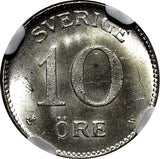 Sweden Gustaf V Silver 1919 W 10 Ore NGC MS65 Light Toned GEM BU KM# 780 (008)
