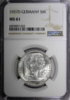 Germany - Third Reich Silver 1937 D 5 Reichsmark NGC MS61 Munich Mint KM# 94 (2)