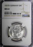 Germany - Third Reich Silver 1937 D 5 Reichsmark NGC MS61 Munich Mint KM# 94 (2)