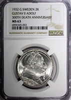 SWEDEN Silver 1932 G 2 Kronor NGC MS63 Death of Gustaf II Adolf BU KM# 805 (003)