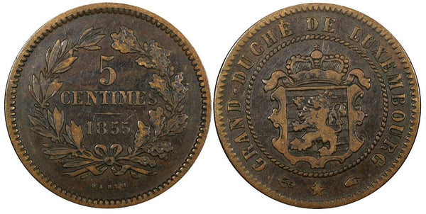 Luxembourg William III Bronze 1855 A 5 Centimes Paris Mint KM# 22.2 (24 503)