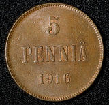 Finland Russian Nicolas II (1895-1917) Copper 1916 5 Pennia UNC KM# 15  (28 556)