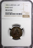 Great Britain George IV Copper 1826 Farthing Bare Bust NGC MS62 BN KM# 697 (020)