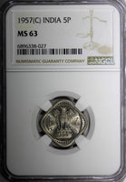 India-Republic Copper-Nickel 1957 (C) 5 Naye Paise 1st Year NGC MS63 KM# 16 (27)