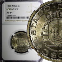 India-Portuguese Copper-nickel 1959 3 Escudos NGC MS64 BU  KM# 34(15)