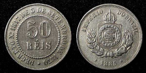 BRAZIL Pedro II Copper-Nickel 1886 50 Reis Mintage-590.000 KM# 482 (27 786)