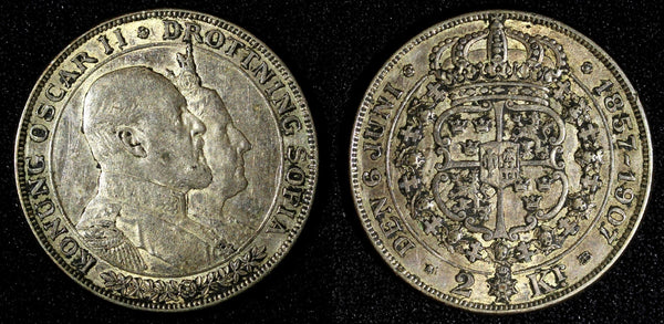 SWEDEN Oscar II Silver 1907 EB 2 Kronor Golden Wedding Anniv. KM#776 (143)