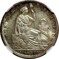 PERU Silver 1912 FG R 1/5 Sol NGC MS63 Mintage-300,000 Nice Toned KM# 205.2 (4)