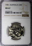 AUSTRALIA Elizabeth II  1981 20 Cents NGC MS67 GEM BU TOP GRADED KM# 66 (001)