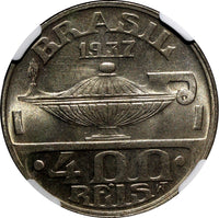 BRAZIL Oswaldo Cruz Copper-Nickel 1937 400 Reis NGC MS64 KM# 539 (031)
