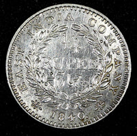 India-British Victoria Silver 1840 (B) 1/4 Rupee Bombay Mint XF KM# 453.1 (348)