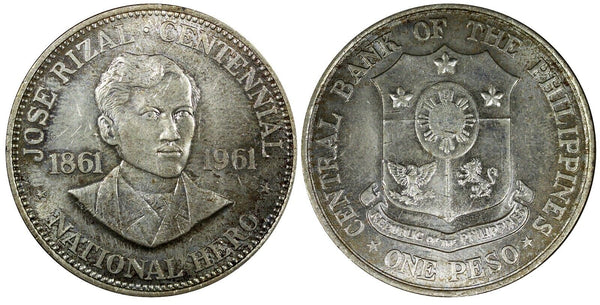 Philippines Silver 1961 1 Peso Birth of Dr. Jose Rizal High Grade KM# 192 (399)