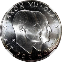 Norway Olav V Silver 1970 25 Kroner NGC MS66 Anniversary of Liberation KM#414(3)