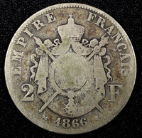 FRANCE Napoleon III Silver 1866 K 2 Francs Bordeaux SCARCE Mint KM# 807.3 (541)