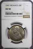 MONACO Louis II 1947 20 Francs 30mm Paris Mint NGC AU58 KM# 124 (004)