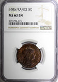 France Bronze 1906 5 Centimes NGC MS63 BN KM# 842 (015)