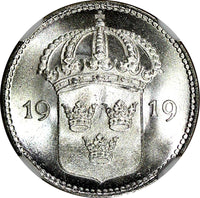 Sweden Gustaf V Silver 1919 W 10 Ore NGC MS67 GEM BU TOP GRADED KM# 780 (019)